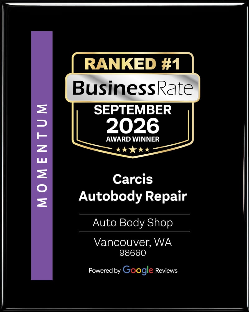 BusinessRate plaque: Ranked #1, Momentum, September 2026 award winner, Carcis Autobody Repair, auto body shop, Vancouver WA 98660
