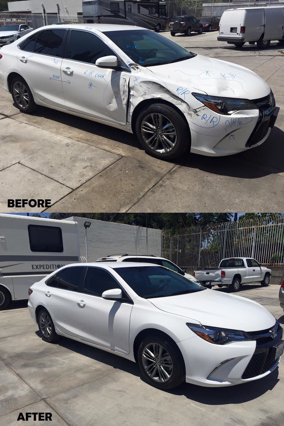 White Toyota Camry with front-end collision damage, and the same car fully repaired below it