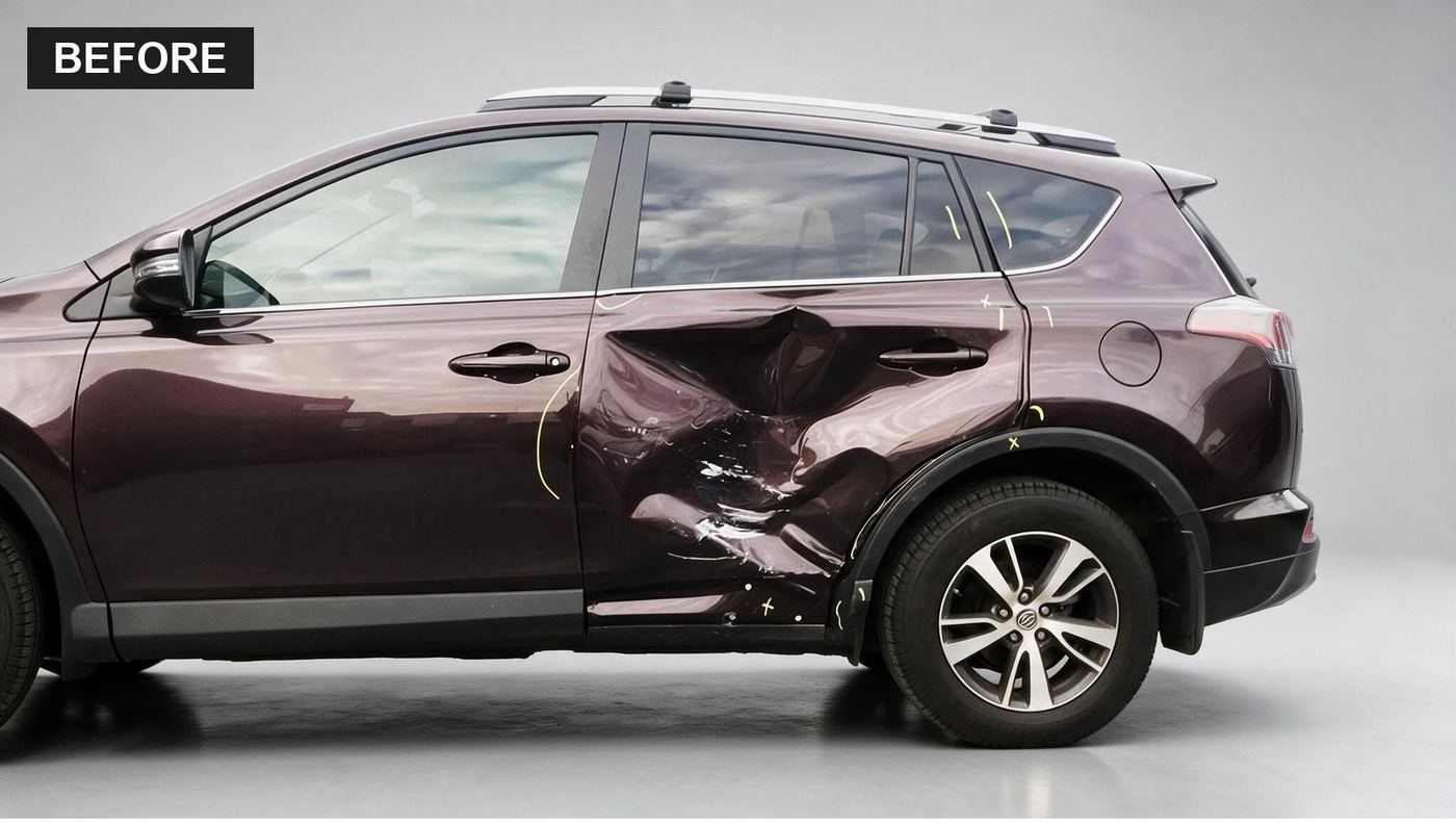 Damaged rear door and fender on a maroon RAV4, before repair